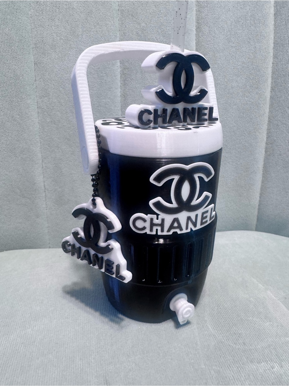 CHANEL 12oz Mini Cooler Soda Can Holder w/Straw Topper & Keytag
